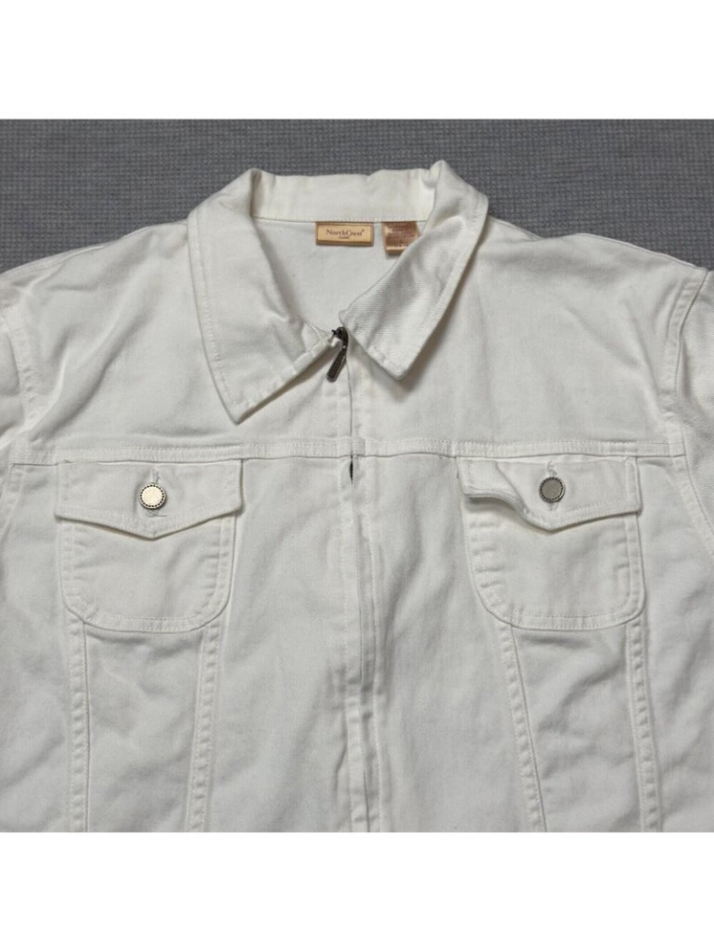 NorthCrest Denim Jacket Womens Sz Large White Full Zip Long Sleeve Chest Pockets - Picture 6 of 16